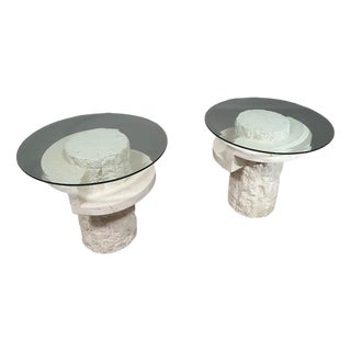 Vintage Mactan Stone Side Tables with Faceted Glass Tops by Magnussen Ponte, 1980, Set of 2 For Sale