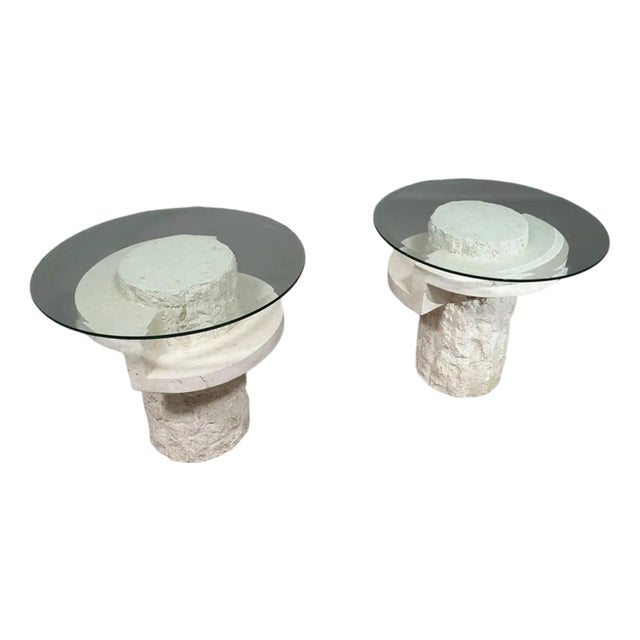 Vintage Mactan Stone Side Tables with Faceted Glass Tops by Magnussen Ponte, 1980, Set of 2 For Sale