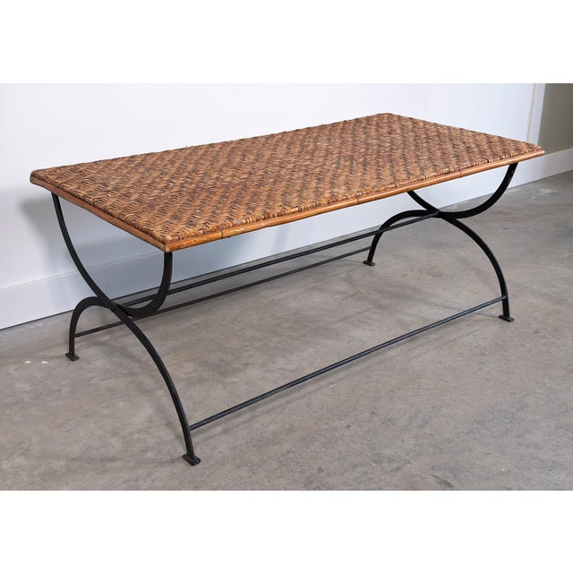 French Vintage Woven Herringbone Rattan Top and Wrought Iron Folding Coffee Table For Sale - Image 3 of 10