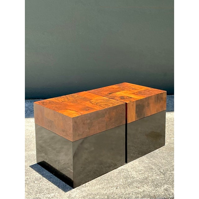 This striking pair of Postmodern drinks tables is a masterclass in material contrast and geometric form. Each table...