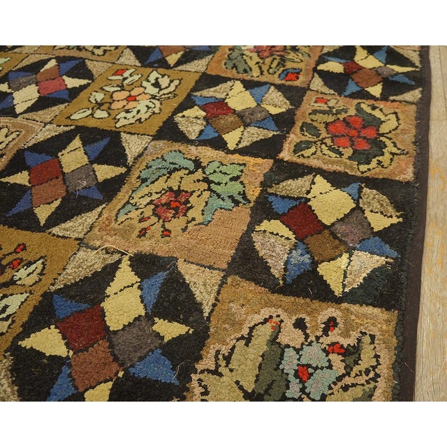 1930s Brown Floral Geometric Folk Art Antique American Hooked Rug 5'4" X 8'8" Hand Knotted Wool Carpet For Sale In New York - Image 6 of 6