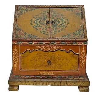 Chinese Tibetan Yellow Brown Treasure Graphic Offering Shrine Chest For Sale