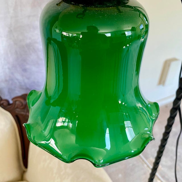 Metal Vintage Art Deco Floor Lamp With Green Glass Tulip Shade For Sale - Image 7 of 15