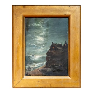 19th Century Moonlit Nocturne Oil Painting of a Shoreline For Sale