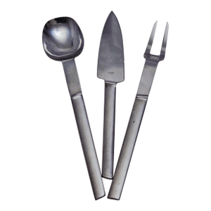 1960s a S Arthur Salm Austria Carving Knife, Serving Fork and Spoon Set, in Brushed Satin Stainless Steel