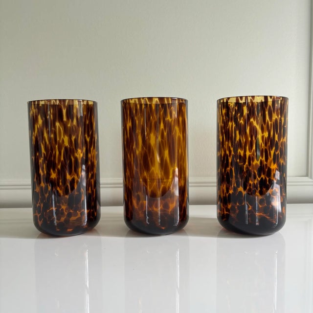 Boho Chic Italian Tortoise Shell Print Amber Brown Highball Glasses - Set of 6 For Sale - Image 3 of 6
