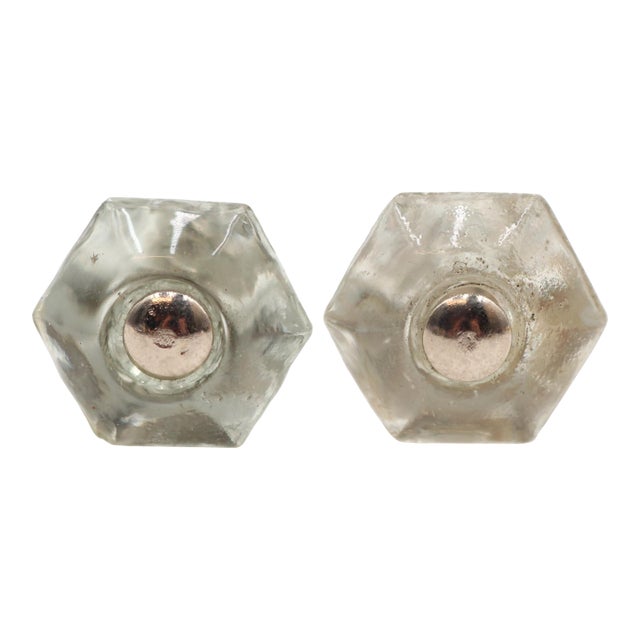 Pair of Antique 1 In. Hexagon Glass Cabinet Drawer Knobs For Sale