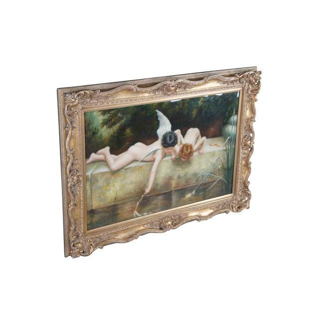 Vintage romantic mythological resin coated oil painting of The Rescue (Le Sauvetage) aka Fischend Amor (Fishing Cupid)...