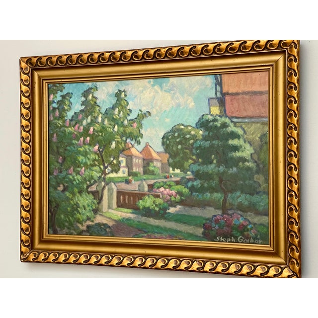Mid 20th Century Mid 20th Century Vintage Oil Painting Impressionist City Garden. Signed, Framed. For Sale - Image 5 of 10