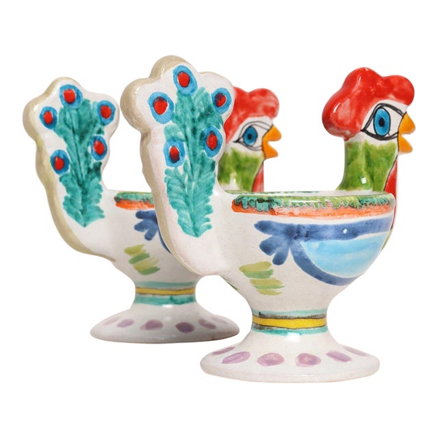 Pair of Hand Painted Vintage Italian Ceramic Rooster Compotes/Vases by De Simone For Sale