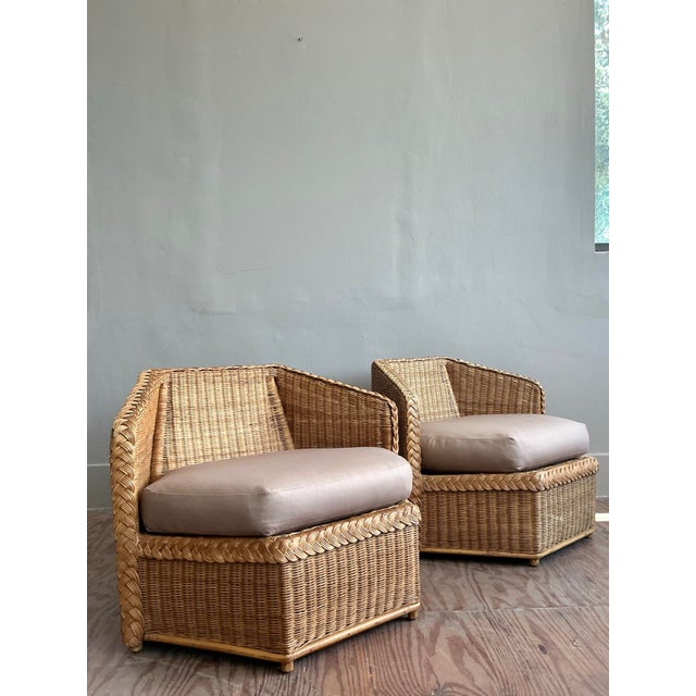 Late 20th Century Vintage Coastal Brown Jordan Faceted Rattan Lounge Chairs - A Pair For Sale - Image 5 of 12