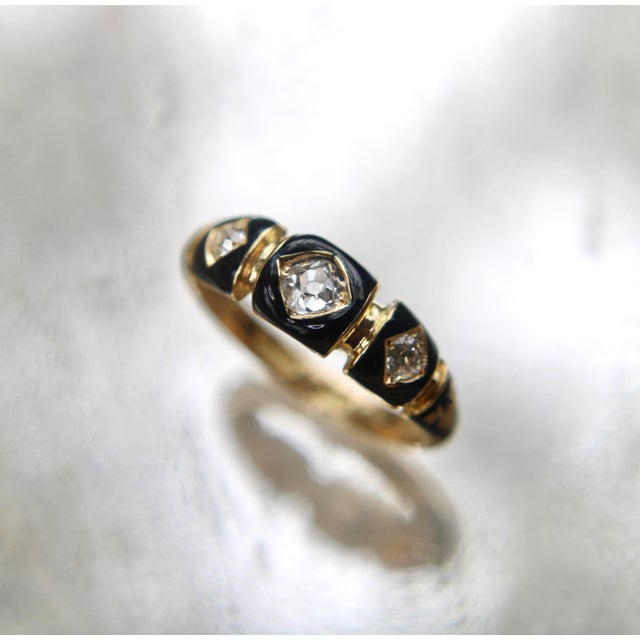 Late 19th Century Victorian 18k Gold Enamel and Old Mine Cut Diamond Mourning Ring, Size 6.75 For Sale - Image 10 of 10
