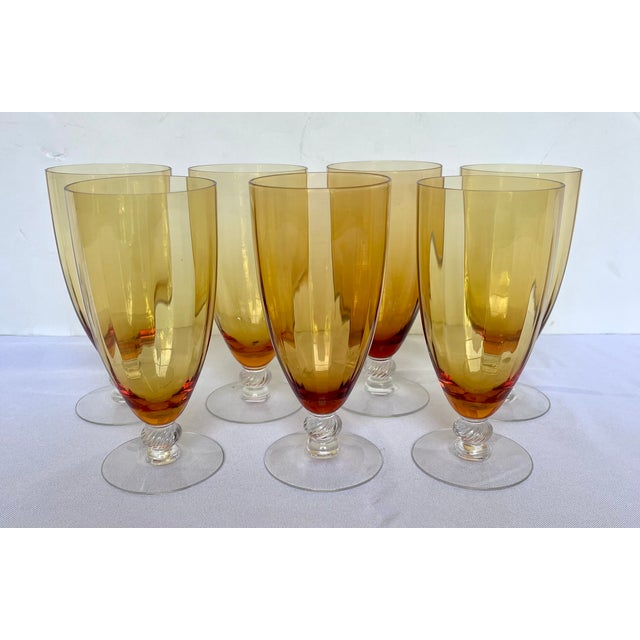 1940s Mid-Century Modern Cambridge Glass Co. Amber Optic Stem 3121 Goblets - Set of 7 For Sale - Image 10 of 13
