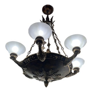 Vintage French Neoclassical / Empire Style Gilt Bronze Chandelier With Tortoiseshell Patterned Bowl and Translucent Glass Shades For Sale
