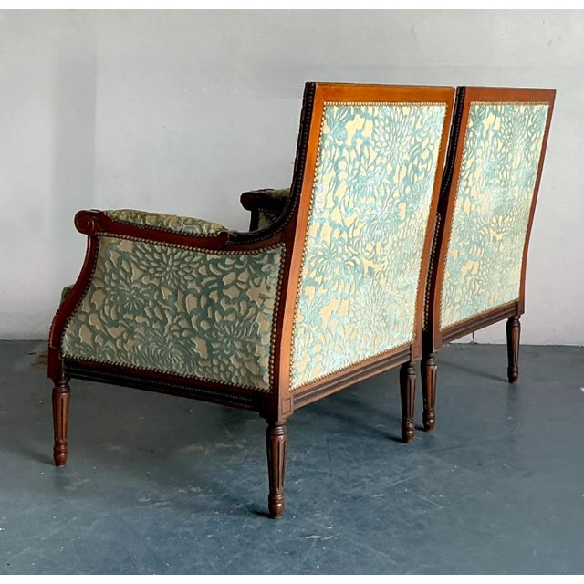 French Provincial Vintage Regency Carved Detail Bergere Chairs - A Pair For Sale - Image 3 of 4