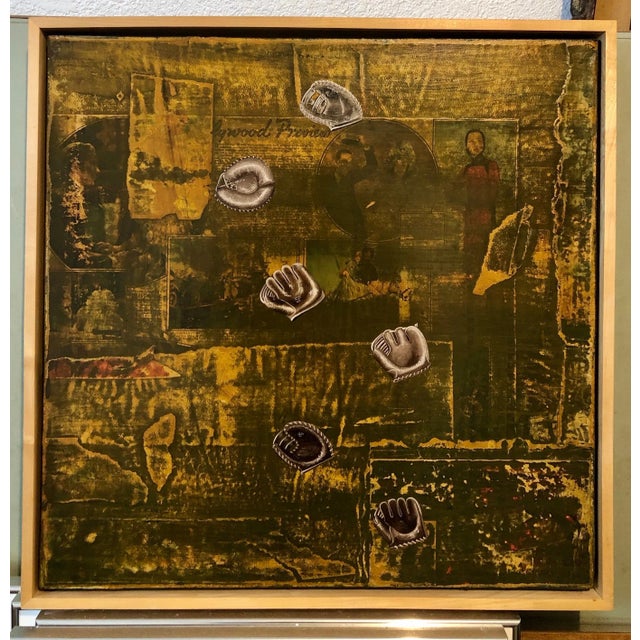 Brown Patrick LoCicero, Abstract Mixed Media Collage Oil Painting Sports, Leather Baseball Mitts For Sale - Image 8 of 13