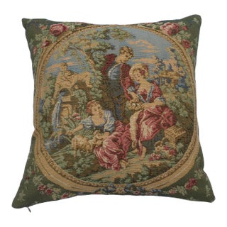 Vintage French Woven Multicolor Romantic Victorian Scene Pillow Cover For Sale