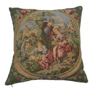 Vintage French Woven Multicolor Romantic Victorian Scene Pillow Cover