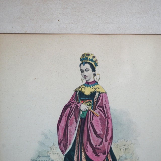 Paper Pair of Antique Hand Colored Oriental Mandarin Prints, Man & Woman of Royalty, 1900 For Sale - Image 7 of 12