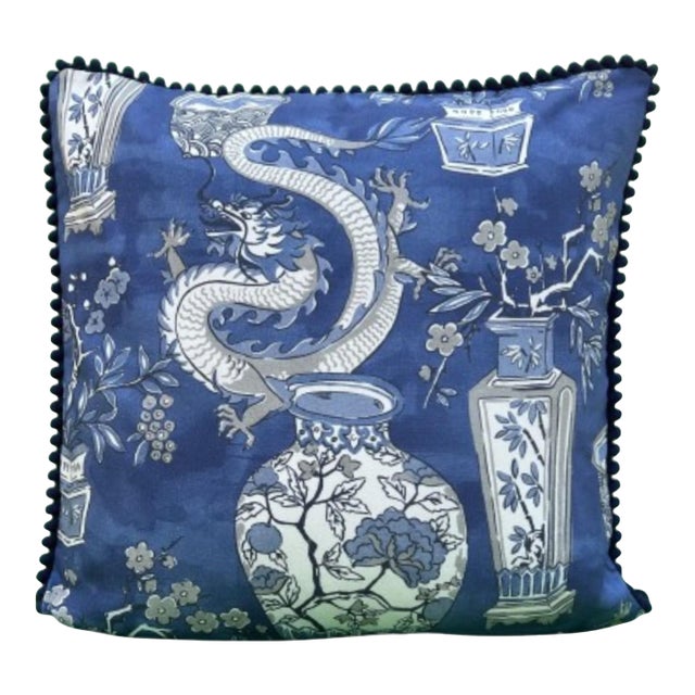 Chinoiserie Blue Ming Dynasty Jars and Dragons Designer Pillow With Down Feather Insert For Sale