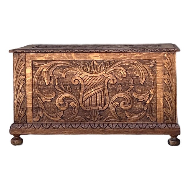 Vintage Carved Wood Lyre Trunk For Sale