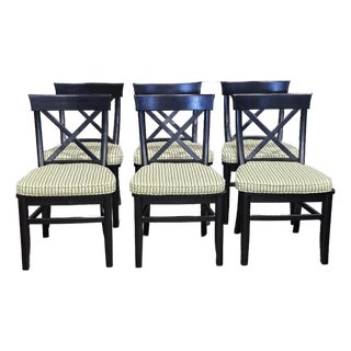 Set of 6 Pottery Barn Black X Back Dining Chairs With Green Striped Padded Seats For Sale