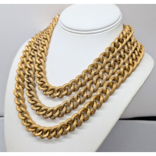 American Vintage Signed Monet 3-Strand Goldtone Textured Chain Necklace For Sale - Image 3 of 10