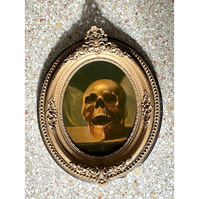 Vintage Skull Oil Painting in Ornate Frame For Sale - Image 12 of 12