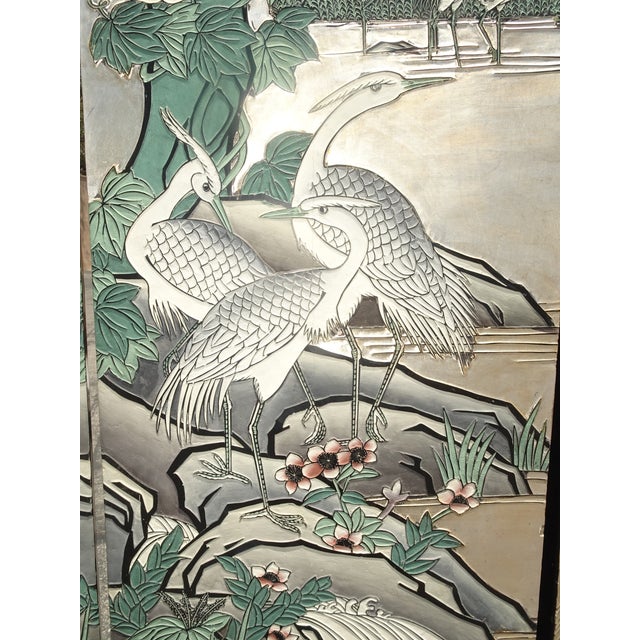 Vintage Silver Chinese Asian Six Panel Screen ~ Room Divider W Heron Birds For Sale - Image 10 of 18
