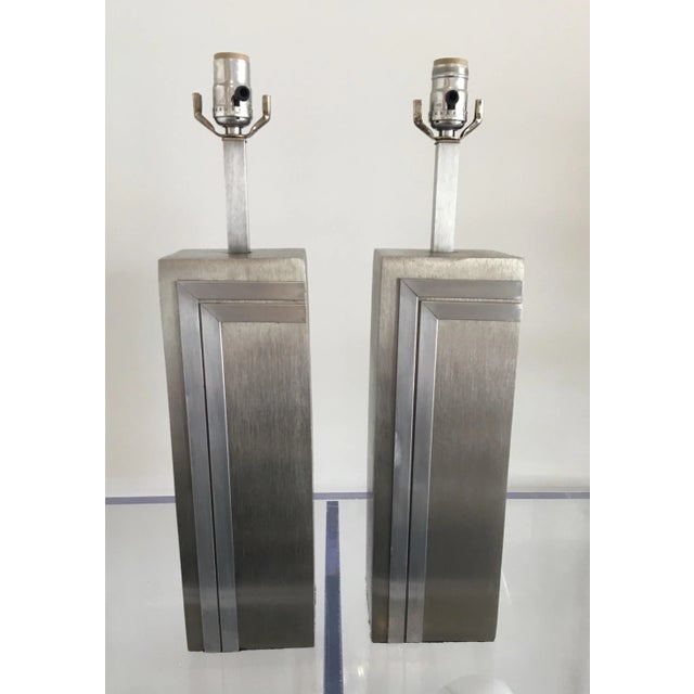 Silver 1970s Vintage Brushed Steel Pierre Cardin Lamps - a Pair For Sale - Image 8 of 12