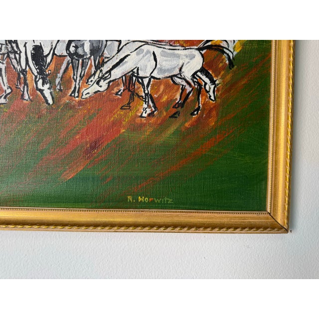 Green 1960’s Vintage Horses Landscape Oil on Canvas Painting by R. Horwitz For Sale - Image 8 of 10