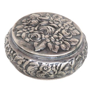 Small Sterling Silver Round Pill Snuff Trinket Lidded Box Embossed Florals 5092b For Sale