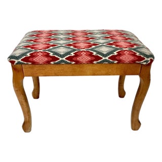 1970s Mid-Century Boho Chic Folk Art Needlepoint Stool Bench. For Sale