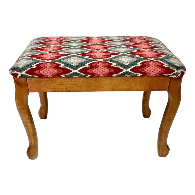 1970s Mid-Century Boho Chic Folk Art Needlepoint Stool Bench. For Sale