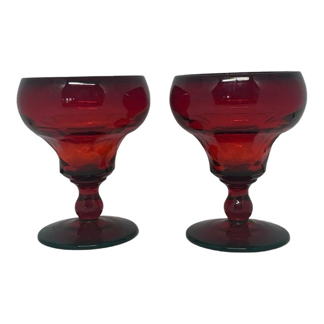 1930s Fenton Georgian Ruby Agua Caliente Champagne or Dessert Goblets - A Pair For Sale