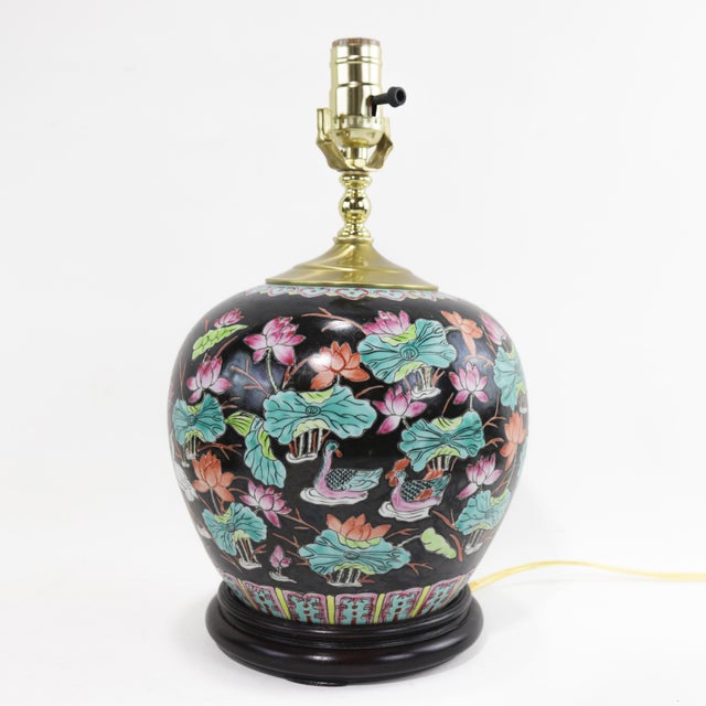 Black Famille Rose Porcelain Table Lamp With Lotus and Crane Motif For Sale In New York - Image 6 of 12