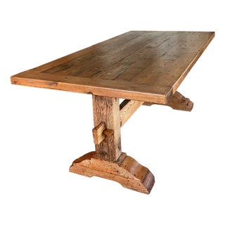 Late 20th Century European Farmhouse Style Solid Pine Trestle Dining Table, Pegged Joinery For Sale