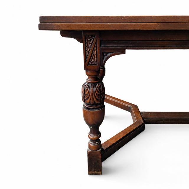 Brown Vintage Walnut Jacobean Revival Refectory Dining Table With Carved Base For Sale - Image 8 of 15