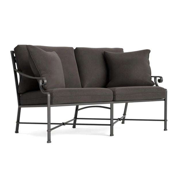 Brown Jordan Venetian Loveseat, Textured Pewter frame with Fusion Charcoal fabric For Sale - Image 12 of 12