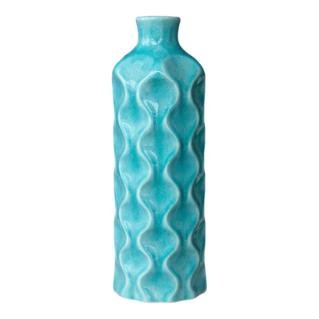 Late 20th Century Tall Coastal Breeze Turquoise Crackle Glaze Vase – Sculptural Wavy Form Ceramic Vessel, 17” H For Sale
