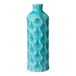 Late 20th Century Tall Coastal Breeze Turquoise Crackle Glaze Vase – Sculptural Wavy Form Ceramic Vessel, 17” H