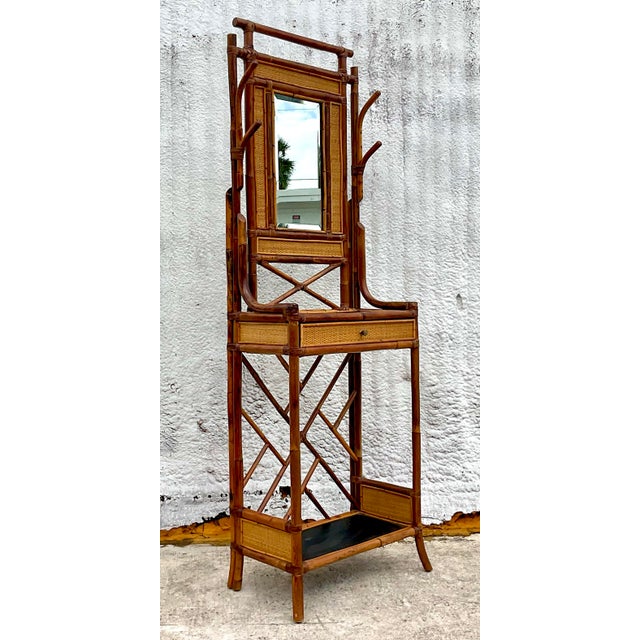 Vintage Regency Burnt Bamboo and Wicker Hall Tree | Chairish