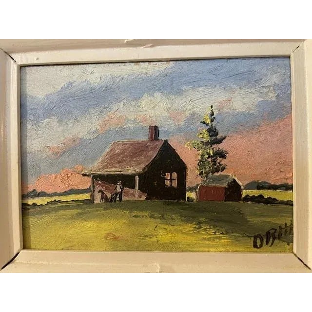 Lovely one of a kind petite original oil on wood painting of American rural scene signed by artist ORHT. Peaceful cottage...