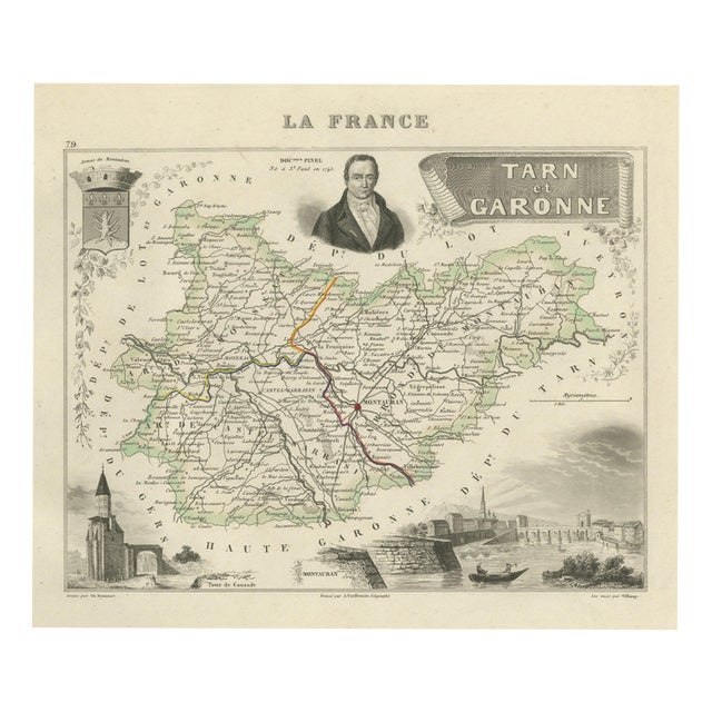 Antique Map of Tarn-Et-Garonne, Montauban and Castelsarrasin, 1860 For Sale