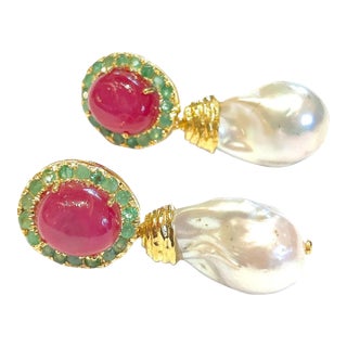Bochic “Orient” Pearl, Ruby & Emerald Earrings Set 18k Gold & Silver - 2 Pieces For Sale