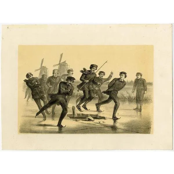Antique print, untitled. A Dutch winter landscape with 10 skaters on the ice, circumventing a hole in the ice. Two...