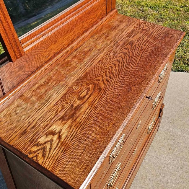 Brown Antique Quarter-Sawn Oak Dresser With Mirror & Key, Eastlake / Mission Influence (C. 1900-1910) For Sale - Image 8 of 12