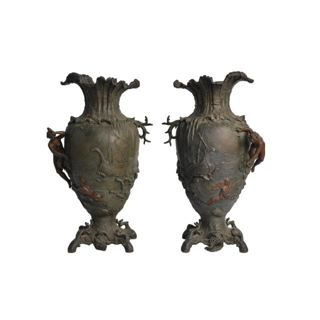 French Antique French Bronze Nude Female Vessel Ship Planter Vase Urns - a Pair For Sale - Image 3 of 6