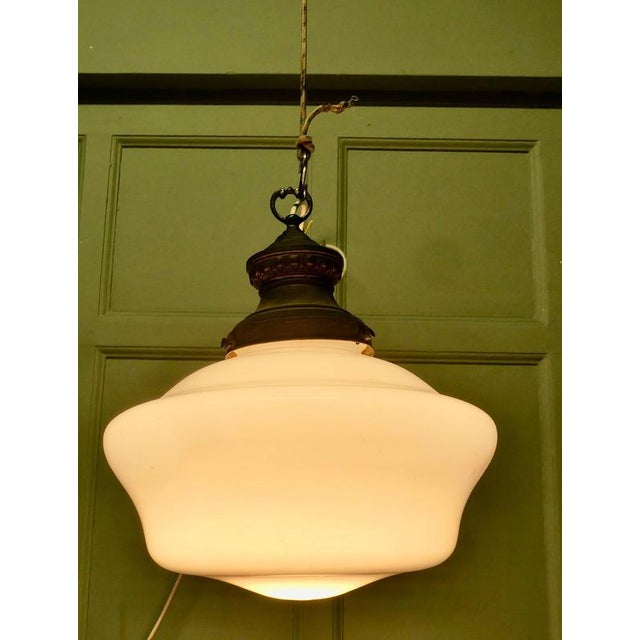 Set of 4 Large Industrial Ceiling Lights. This is a set of 4 Large 1930s Industrial Style Opalescent glass and brass...