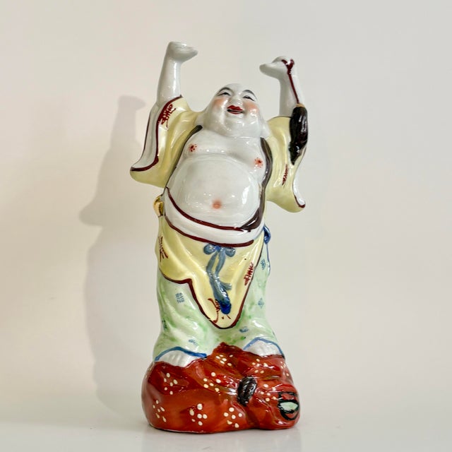 Vintage Chinese Laughing Buddha Ceramic Sculpture, Hand Painted For Sale - Image 9 of 11